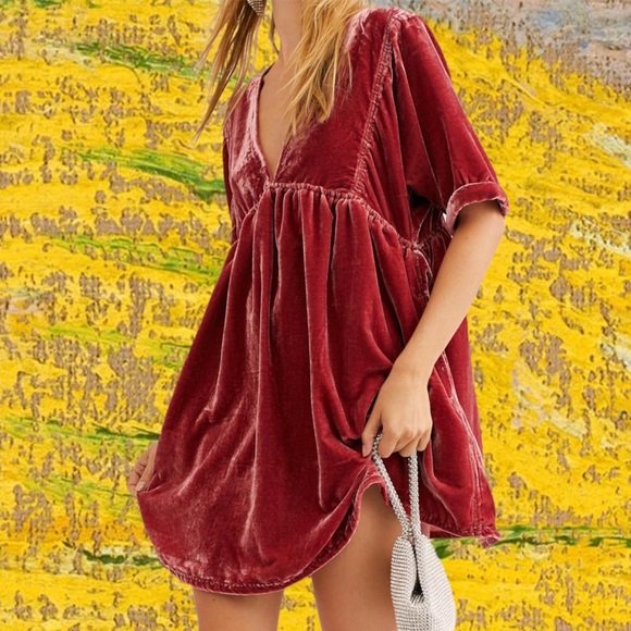 Free People Dresses & Skirts - Free People NWT Ivy Velvet Babydoll Boho Mini Plunge V-neck Festival Dress Chic